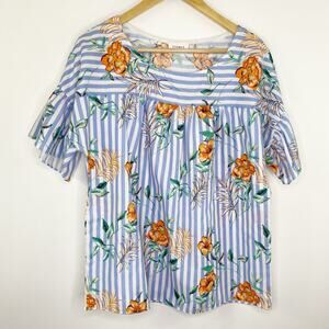 Everly Blue White Striped Floral Print Short Sleeve Blouse Women's Size Large L